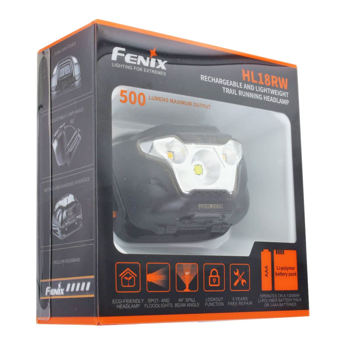 Lampe frontale LED Fenix HL18RW avec jusqu'à 500 lumens de luminosité, y compris la batterie ARB-LP-1300 Li-Polymer