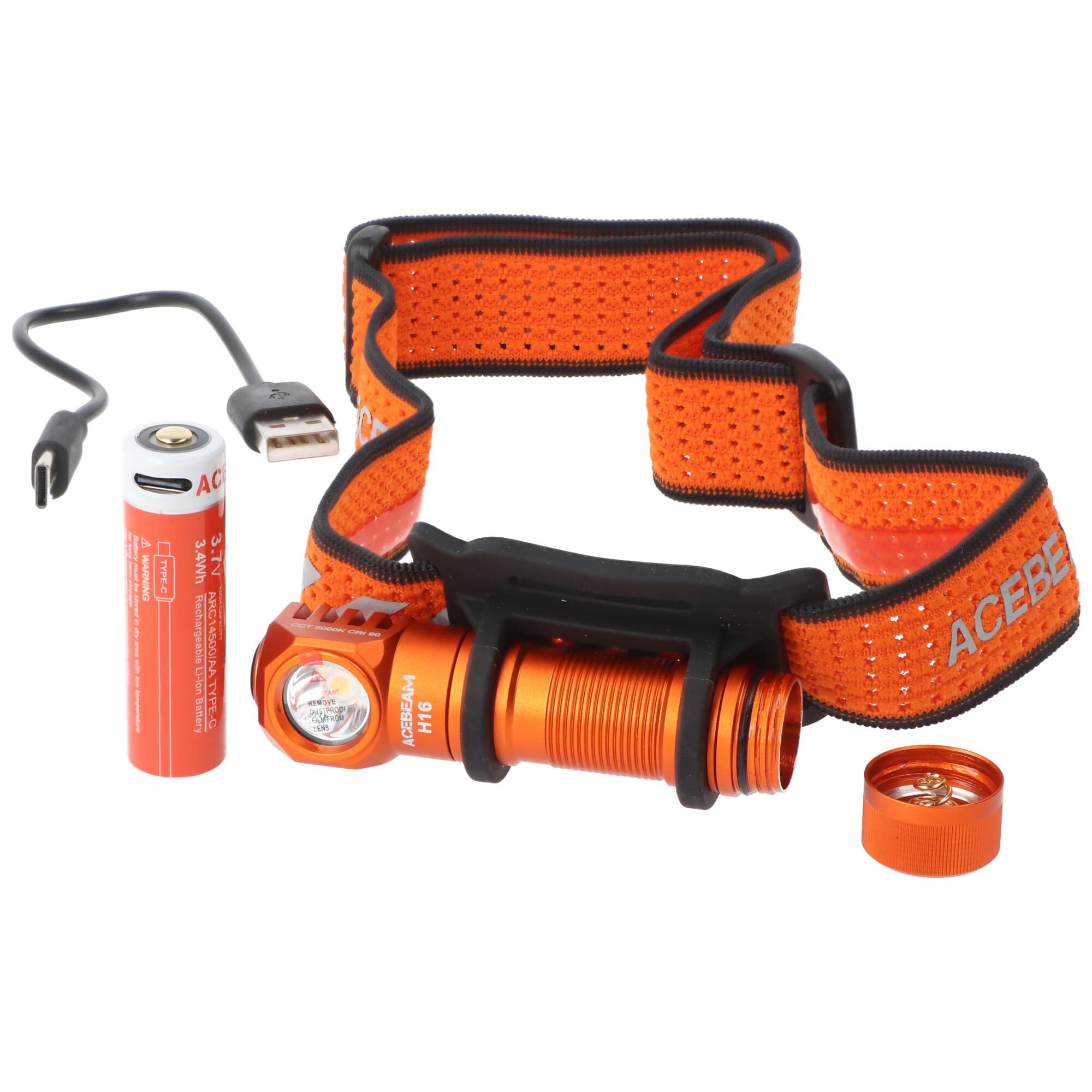 Lampe frontale LED AceBeam H16 avec 650 lumens maximum, blanc neutre 5 000 K avec boîtier orange, avec batterie Li-Ion 14 500
