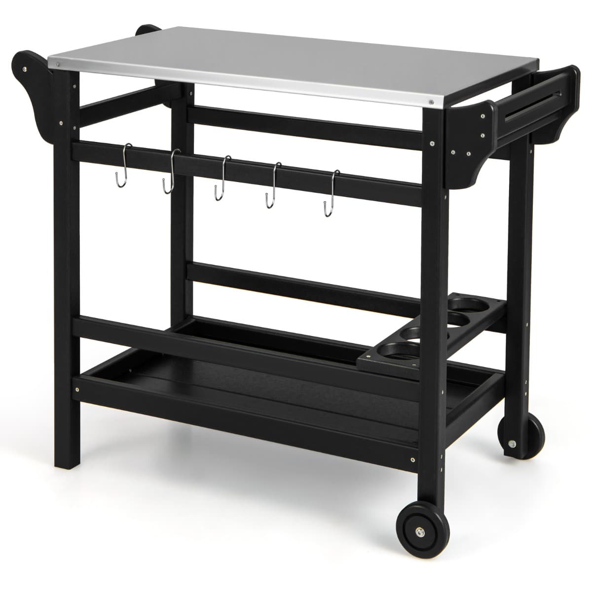 CostwayTable Roulante en Hdpe Table de Préparation pour Barbecue avec Poignée et Roues Plateau en Acier Inoxydable Étagère à Épices Support de
