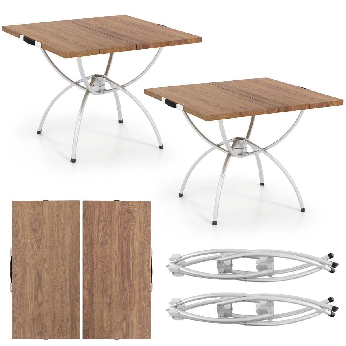 CostwayLot de 2 Tables de Camping Pliantes avec Cadre en Aluminium Table de Pique-Nique Extensible Portable avec Plateau à Imitation Bois Café